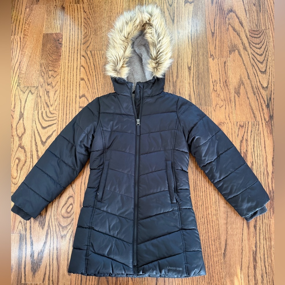 Lands' End Black Coat with Faux Fur Trim girls size 4-5 (XS) VGUC